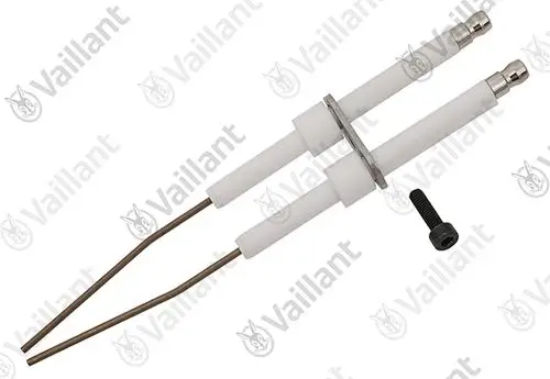 Vaillant-Zündungselektrode mit zwei metallischen Stäben und isolierenden Haltern, abgebildet auf weißem Hintergrund. Ein Befestigungsschraube ist ebenfalls sichtbar.